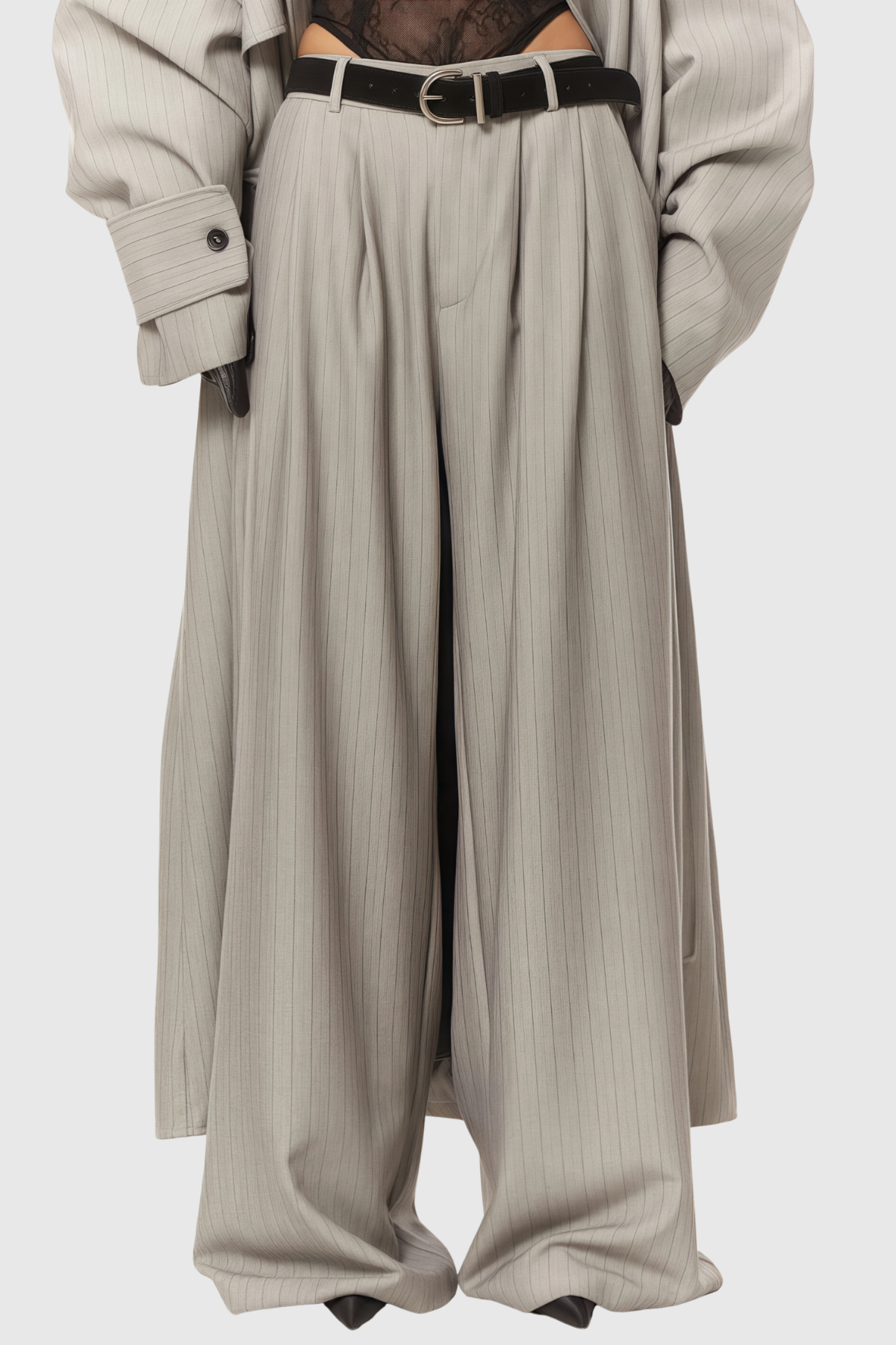 Sakley Striped Trench Coat & Trousers Set - Grey