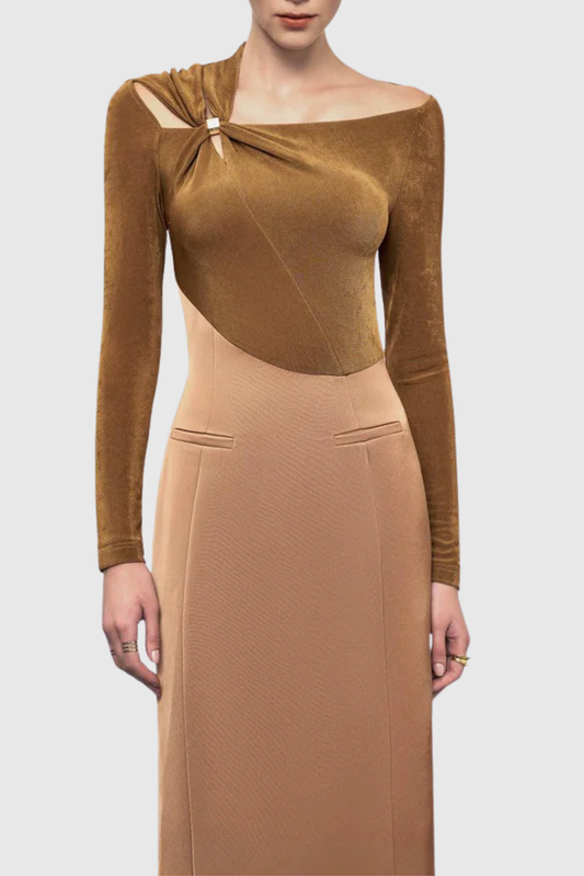 Samaro Asymmetric Cutout Panel Midi Dress - Brown