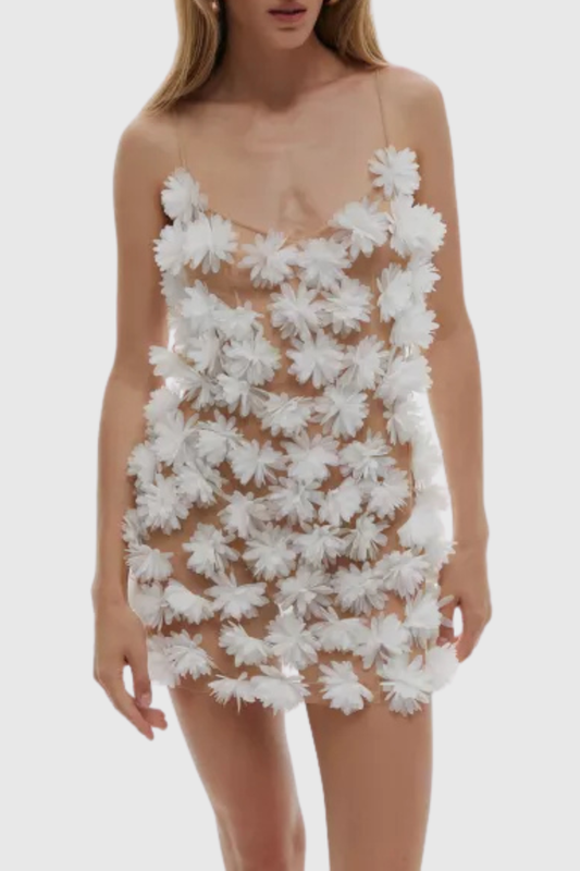 Samir Floral Appliqué Mesh Mini Dress - White