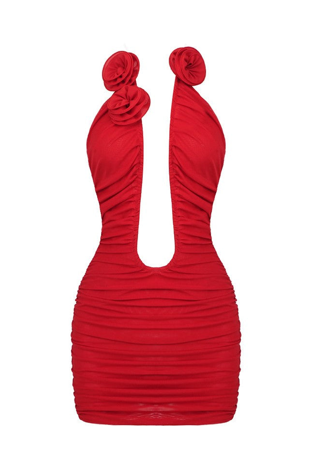 Sarah Ruched Plunge Flower Strapless Mini Dress