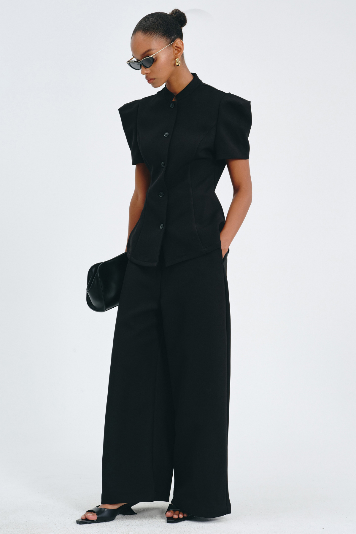 Sherila Narrow Standing Collar Blouse & Trousers Set - Black