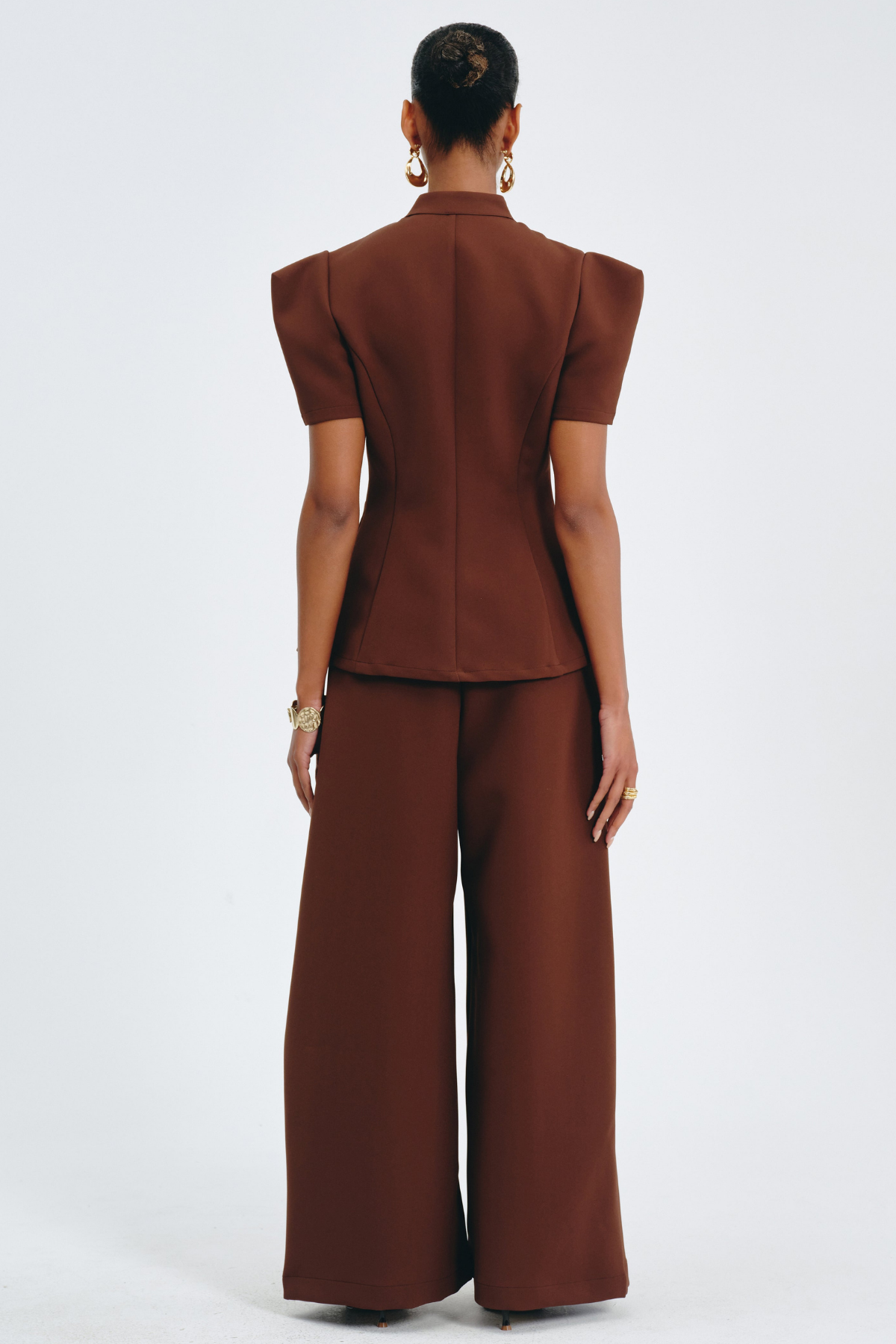 Sherila Narrow Standing Collar Blouse & Trousers Set - Brown