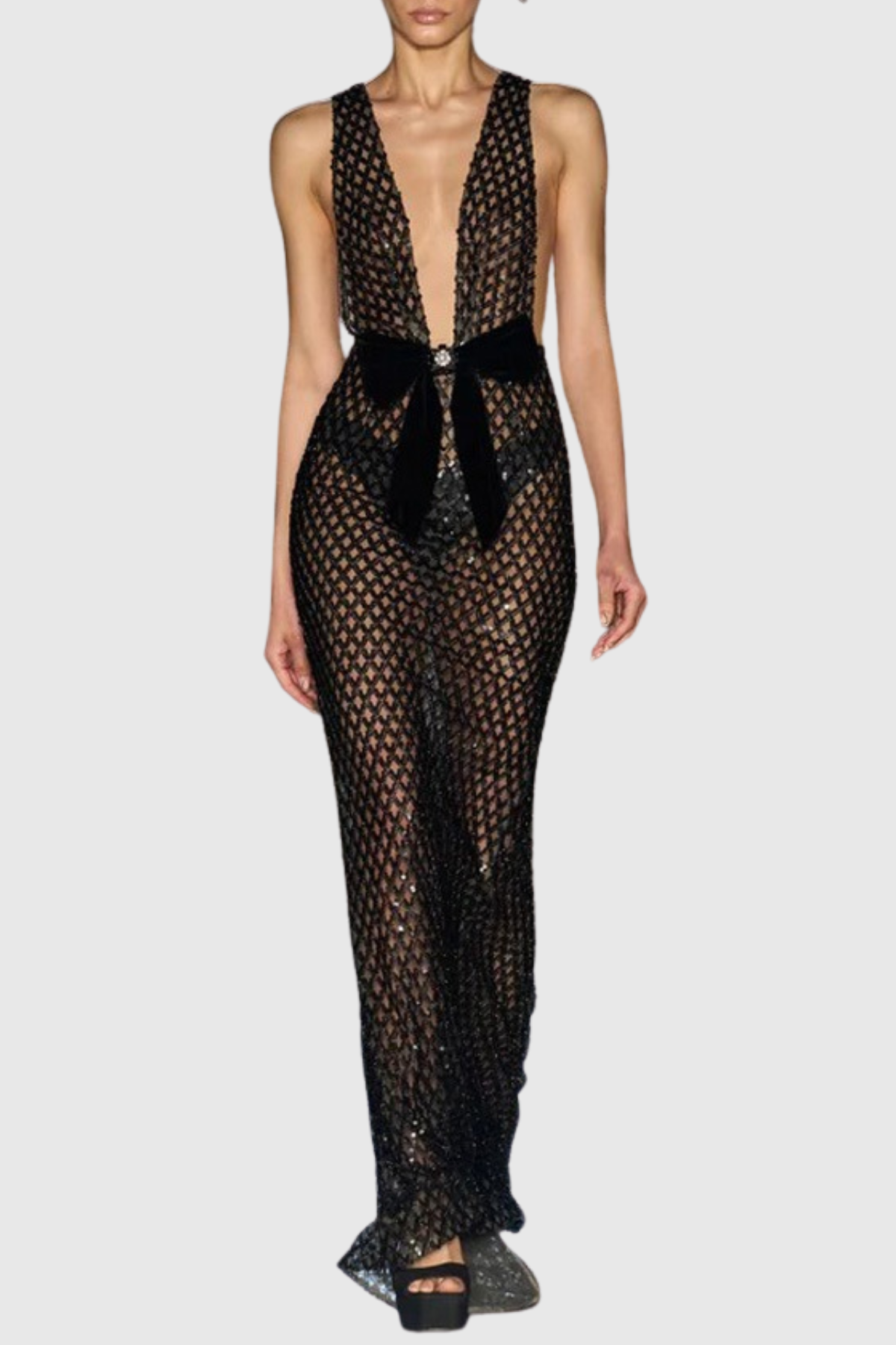 Shirina Bow Embellished Sequin Maxi Dress - Black
