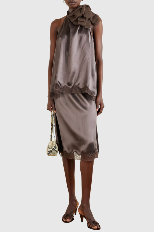 Silene Lace-trim Midi Skirt - Brown