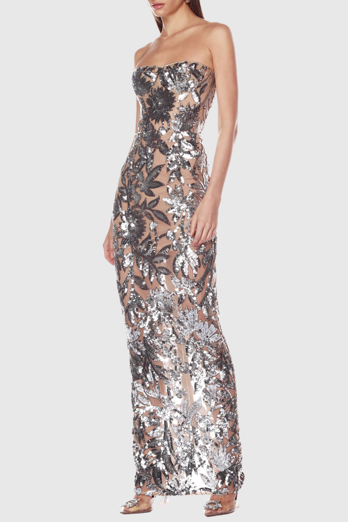 Sulie Strapless Floral Sequin Maxi Dress - Silver