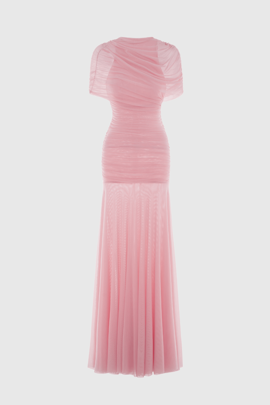 Suttoa Mesh Shawl Ruched Maxi Dress - Pink