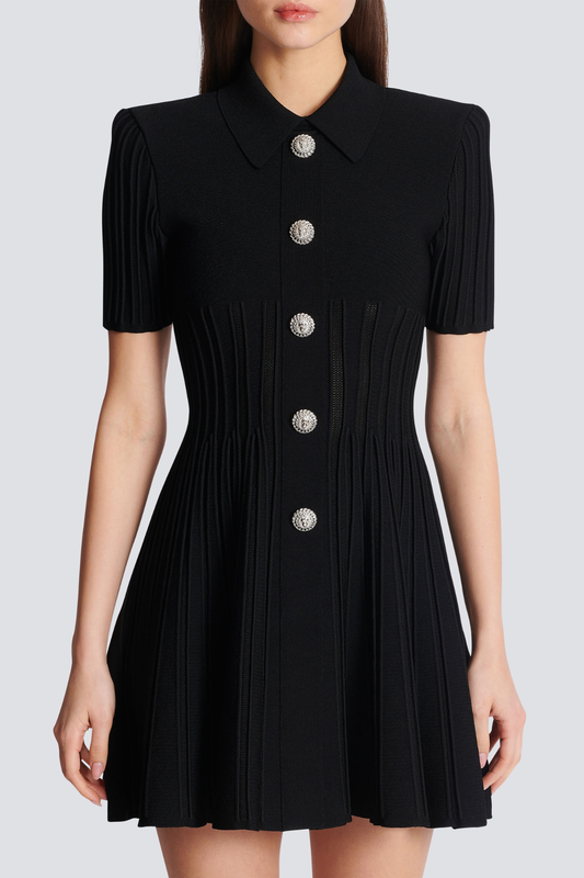 Sylas Ribbed Knit Flared Mini Dress - Black
