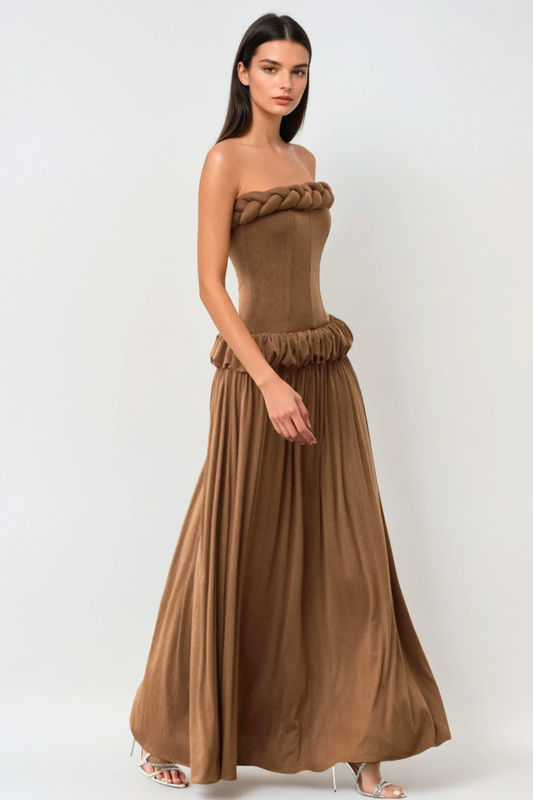 Tandena Strapless Rope Ruched Maxi Dress - Brown