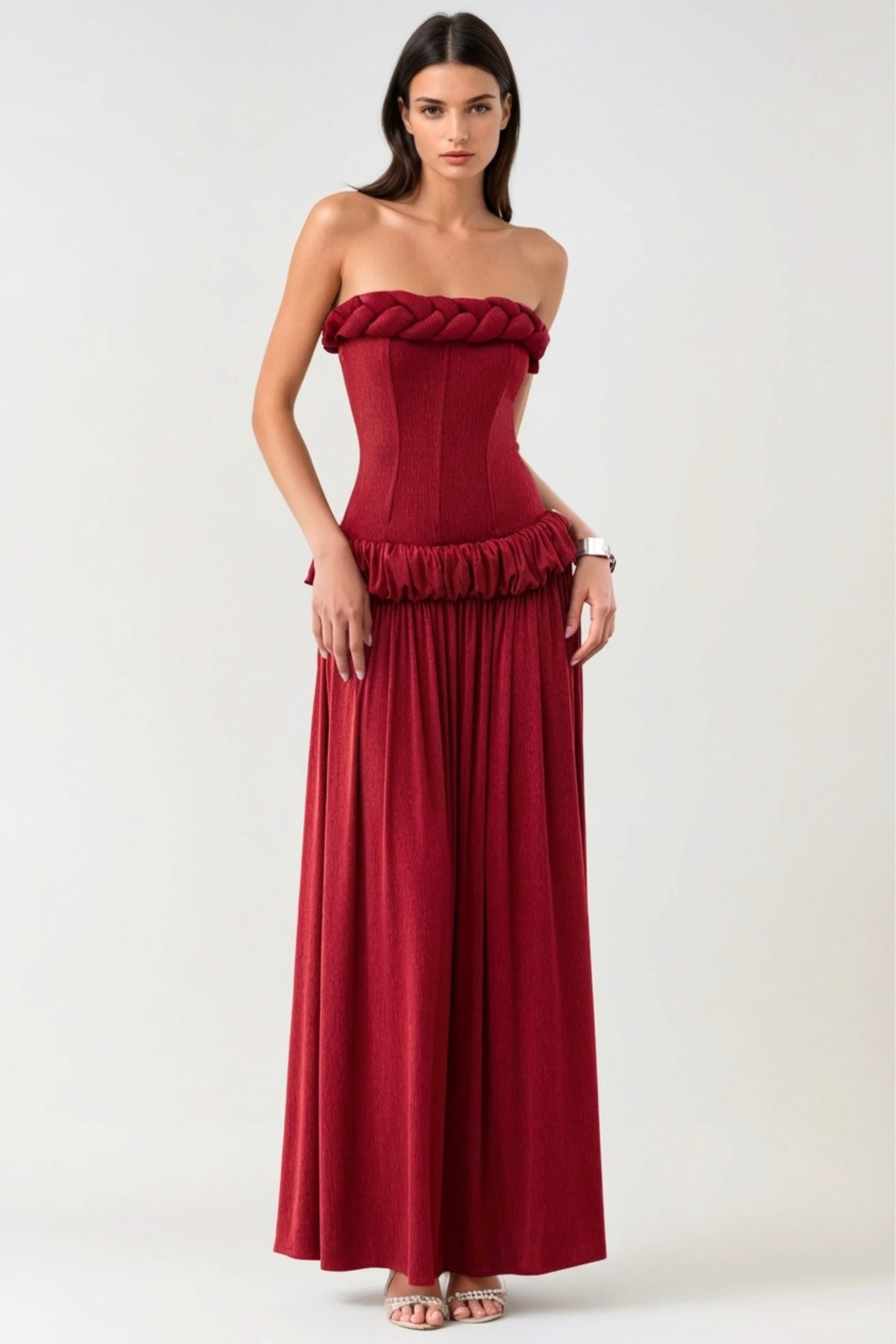 Tandena Strapless Rope Ruched Maxi Dress - Red