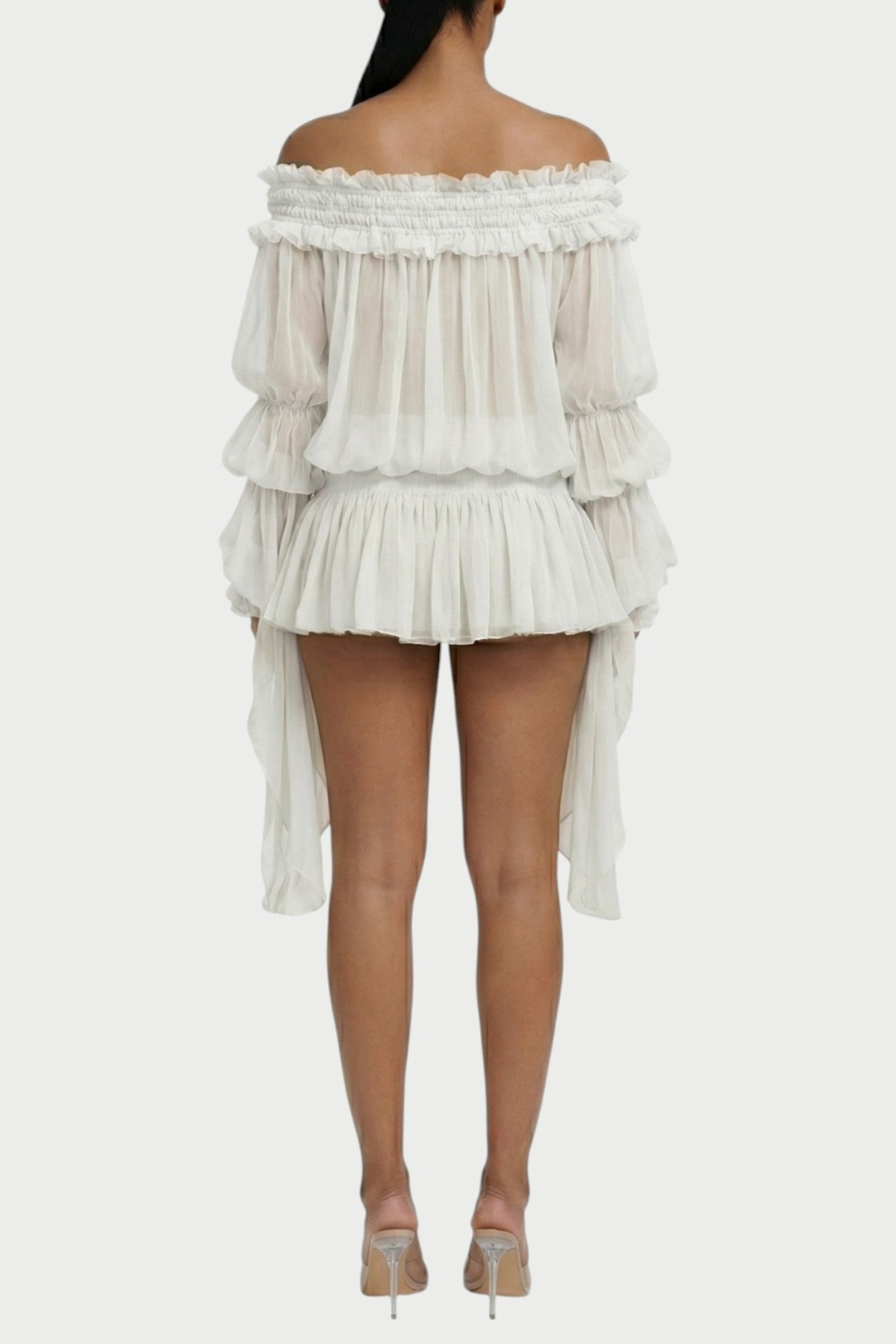 Vairea Off Shoulder Shirred Glossy Mini Dress - White