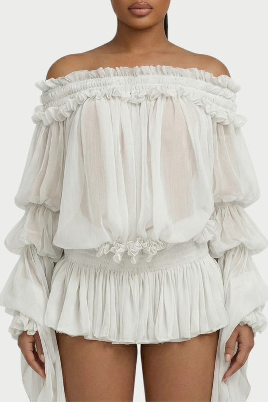 Vairea Off Shoulder Shirred Glossy Mini Dress - White