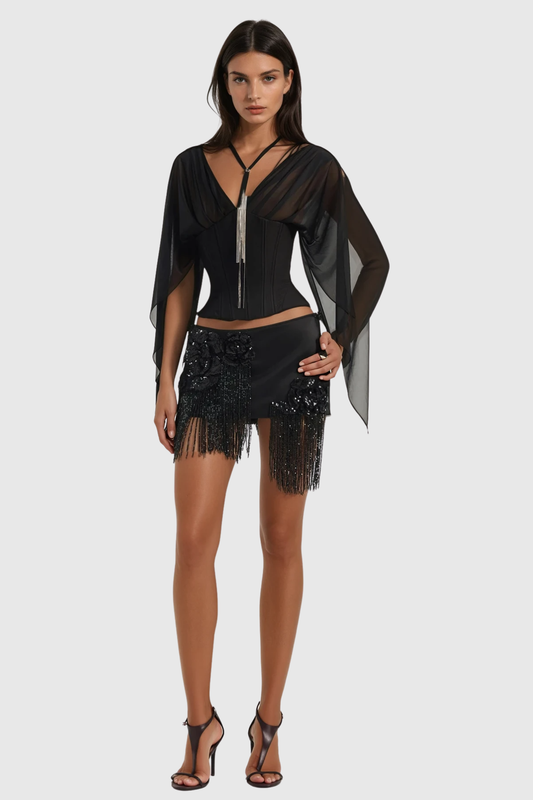 Vanita Off Shoulder Chiffon Corset - Black