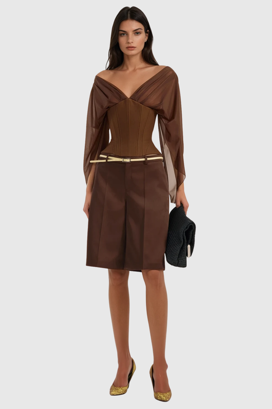 Vanita Off Shoulder Chiffon Corset - Brown
