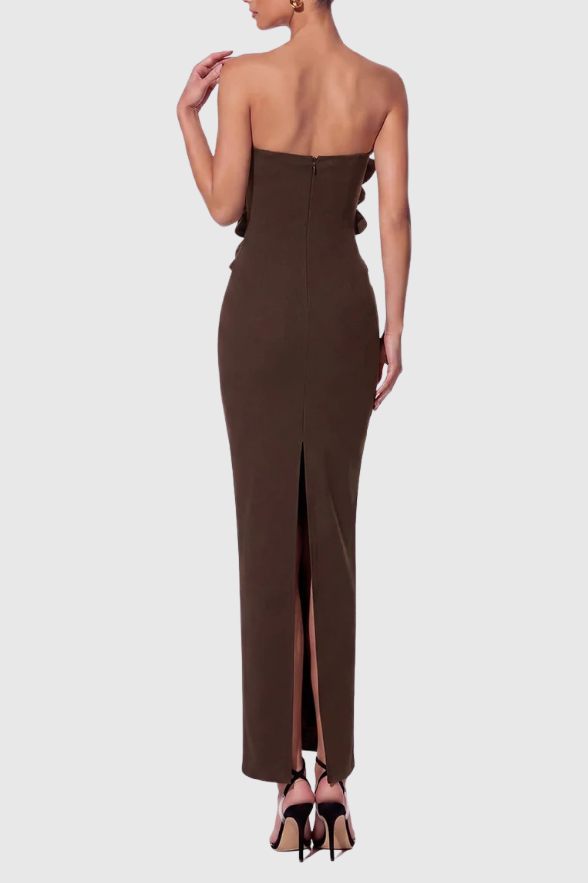 Varsha Strapless Beaded Ruffle Maxi Bandage Dress