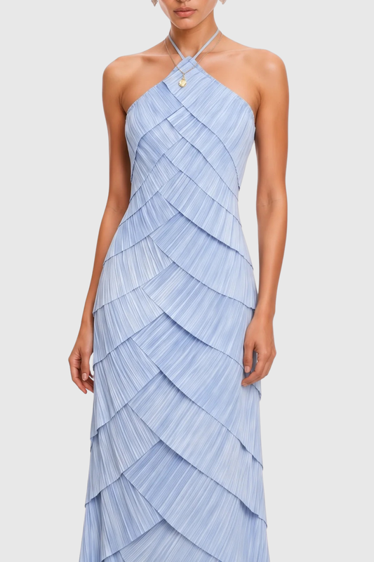 Vdela Halter Pleated Tiered Maxi Dress - Blue