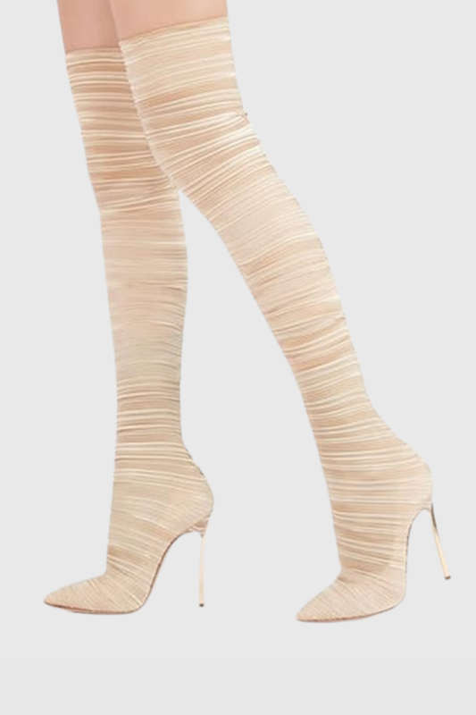 Veilsa Ribbed Velvet Over The Knee Boots - Beige