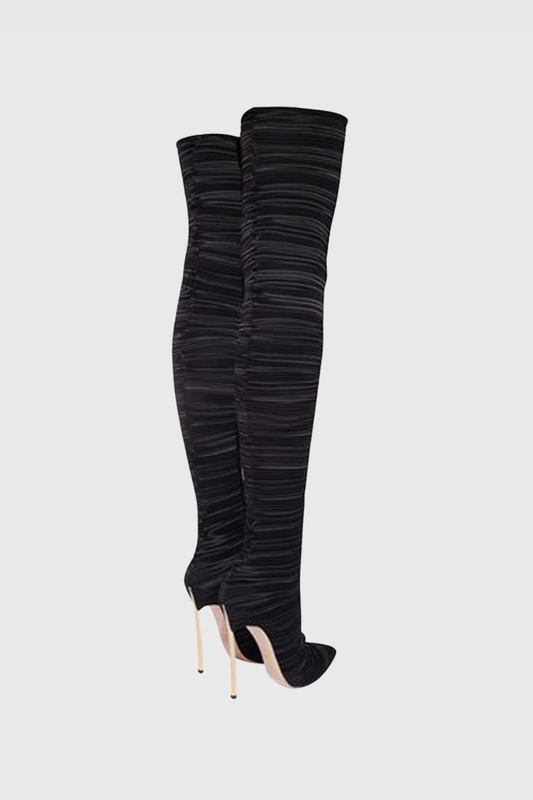 Veilsa Ribbed Velvet Over The Knee Boots - Black