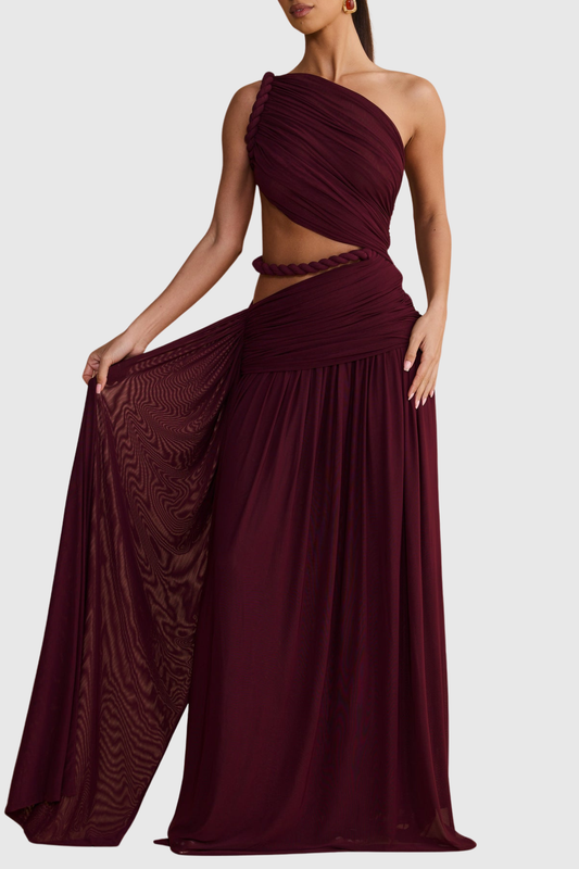 Vespera Asymmetric Cutout Rope Ruched Maxi Dress - Wine