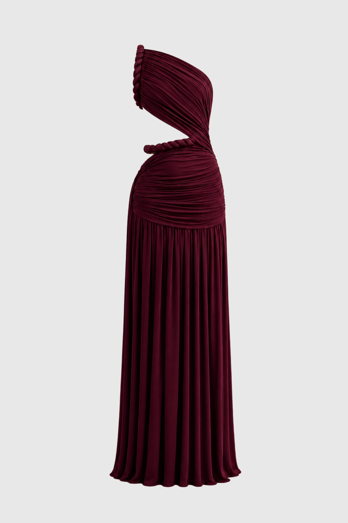 Vespera Asymmetric Cutout Rope Ruched Maxi Dress - Wine