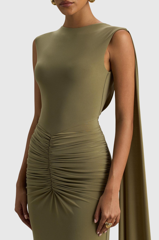 Vilma Cape Sleeves Ruched Maxi Dress - Green