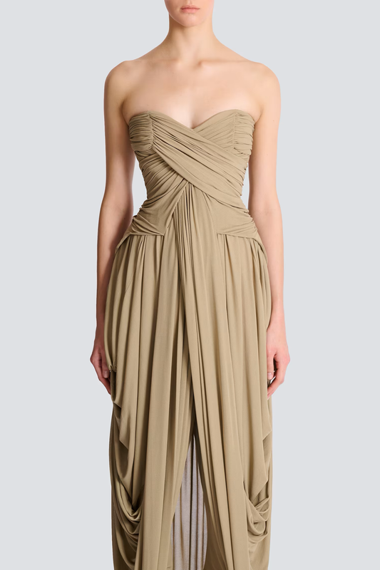 Xeniay Strapless Asymmetric Draped Maxi Dress - Khaki