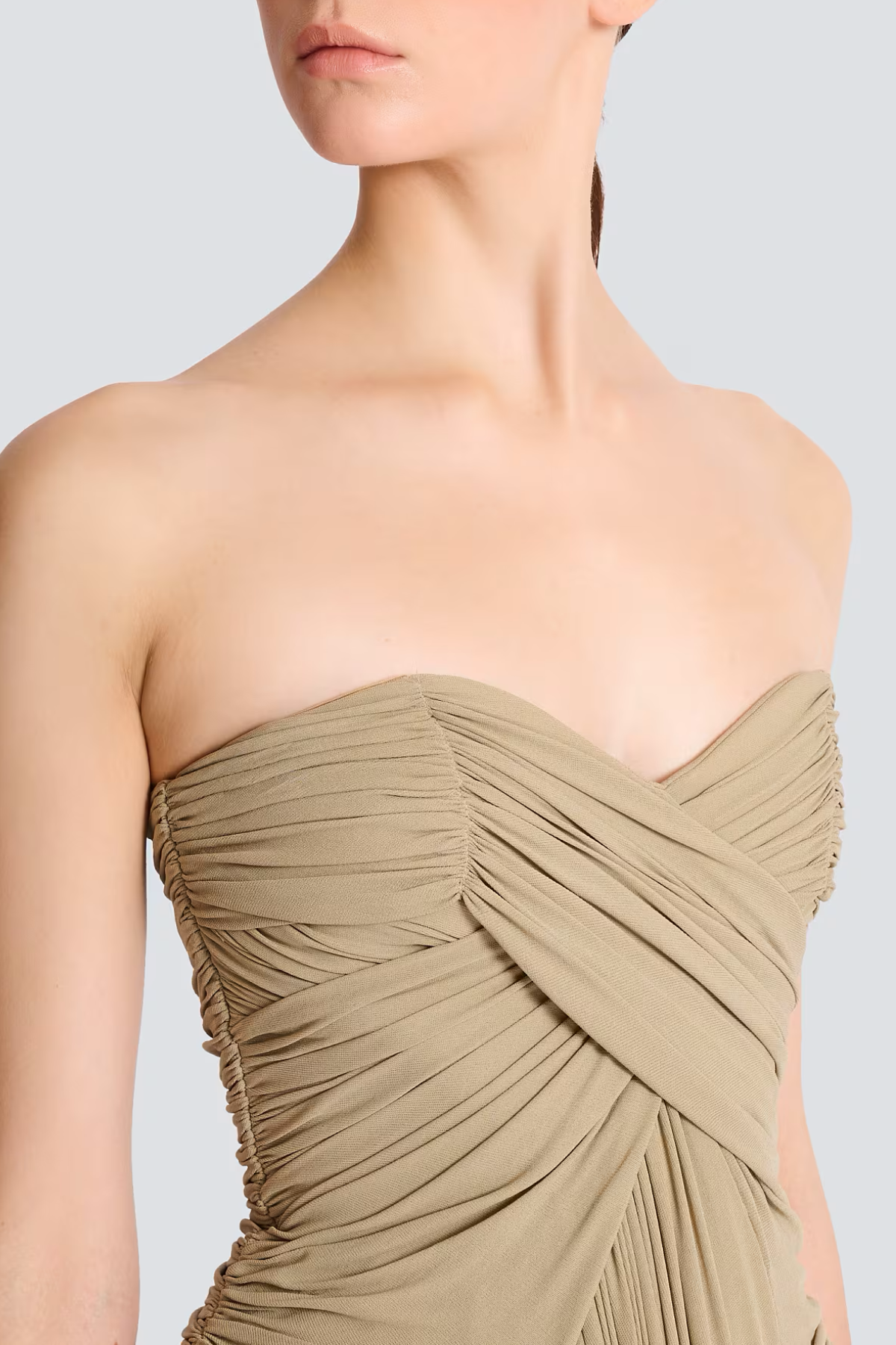 Xeniay Strapless Asymmetric Draped Maxi Dress - Khaki