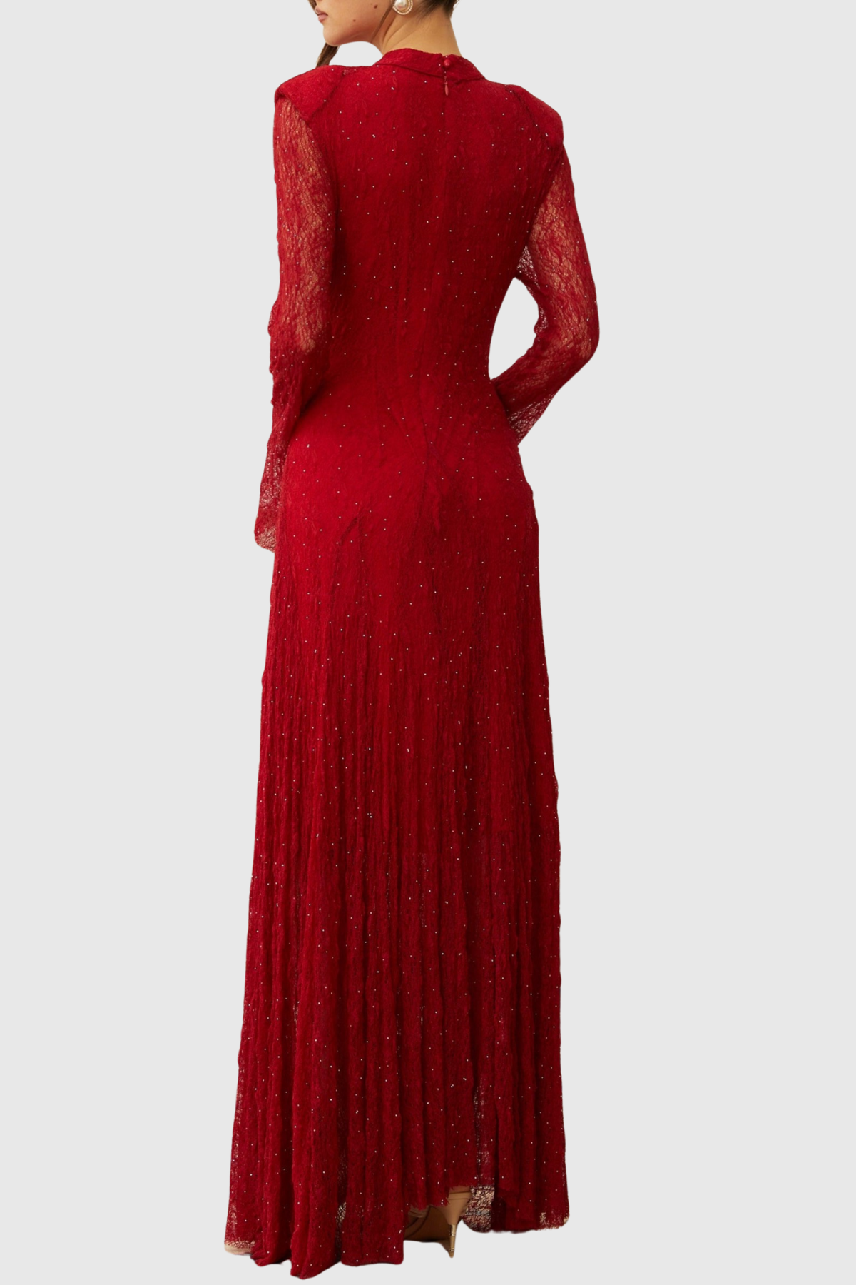 Yamila Lace Crystal Embellished Maxi Dress - Red