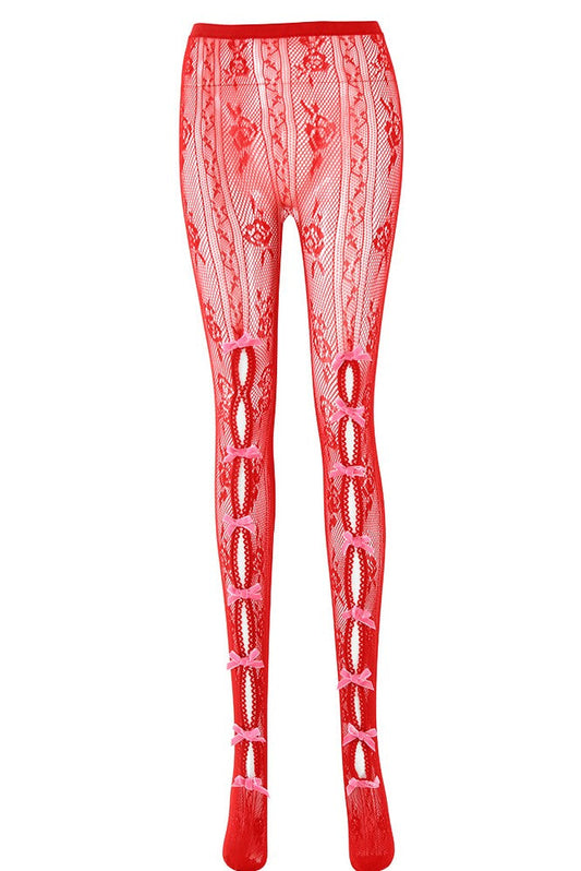Yara Bowknot Fishnet Stockings - Red