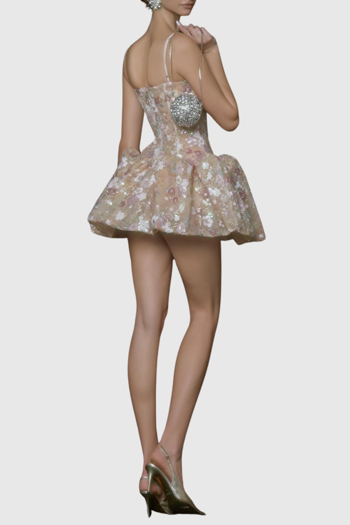 Yitaya Floral Sequin Puffy Mini Dress