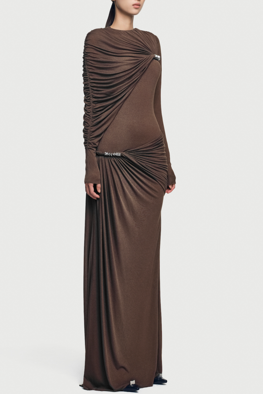 Zamir Asymmetric Ruched Maxi Dress - Brown