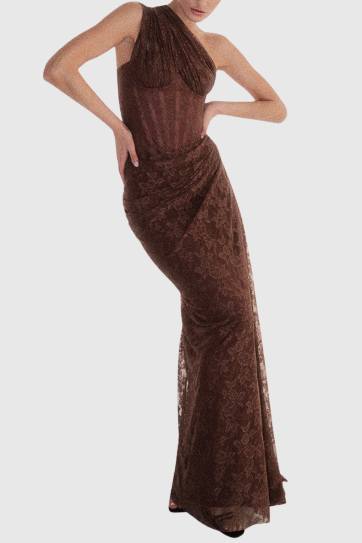Zelma Lace One Shoulder Corset Maxi Dress - Brown