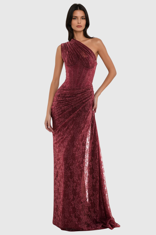 Zelma Lace One Shoulder Corset Maxi Dress - Wine