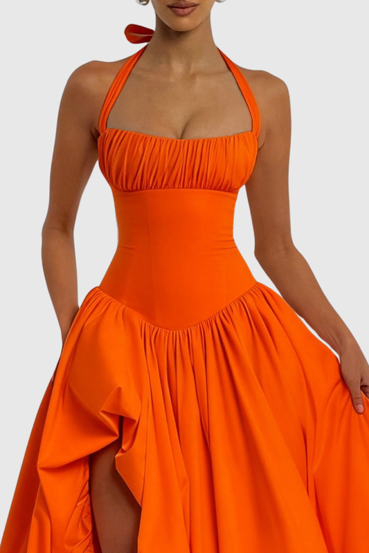 Zenite Halter Corset Ruched Midi Dress - Orange