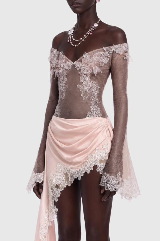 Zetara Off Shoulder Lace Trim Mini Dress