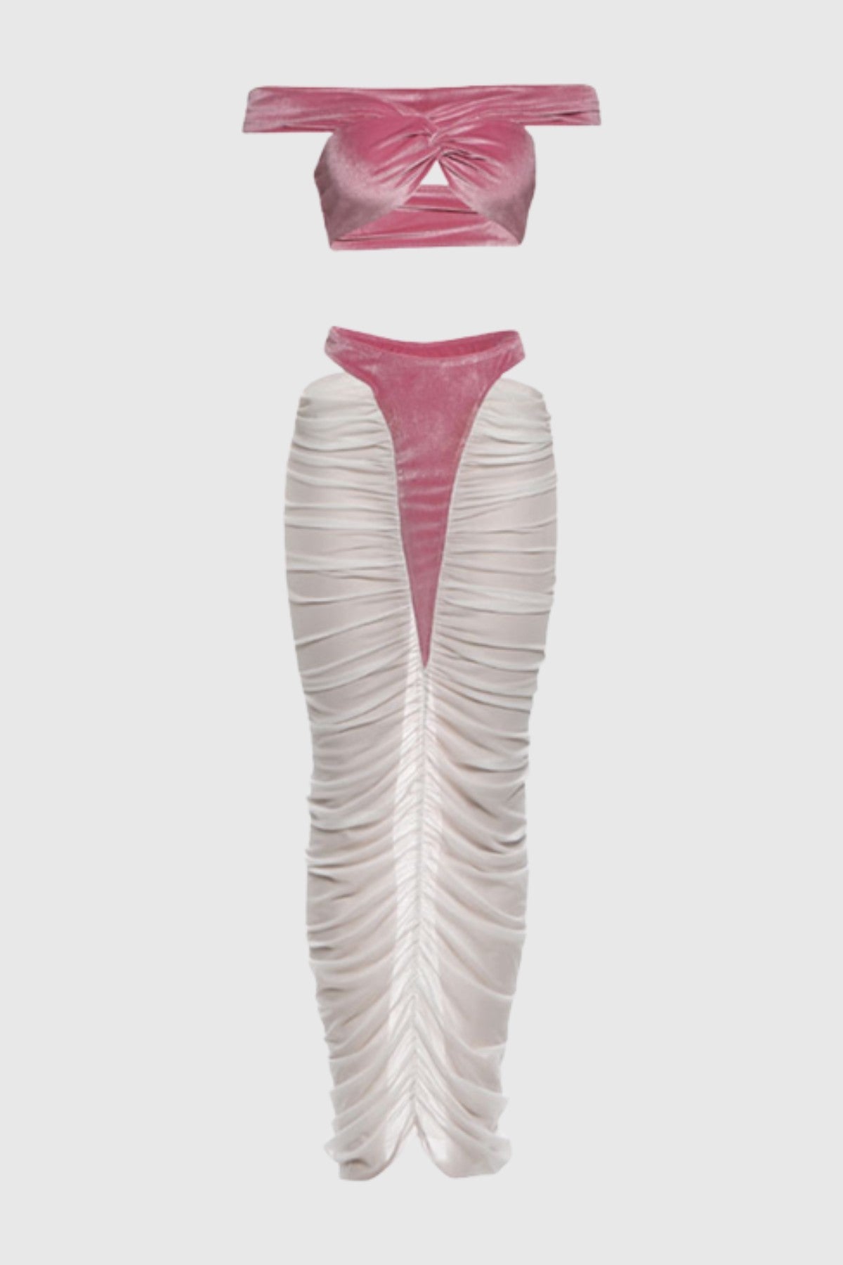 Zeusa Velvet Top & Cutout Mesh Skirt Set - Pink