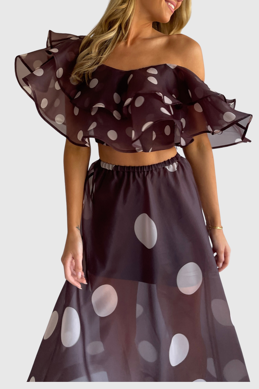 Ziley Off Shoulder Polka Dot Top & Maxi Skirt Set - Black