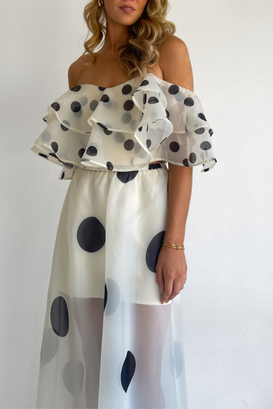 Ziley Off Shoulder Polka Dot Top & Maxi Skirt Set - White