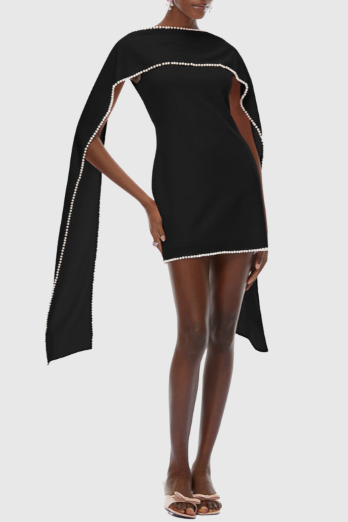 Zisel Pearl Trim Shawl Mini Dress - Black