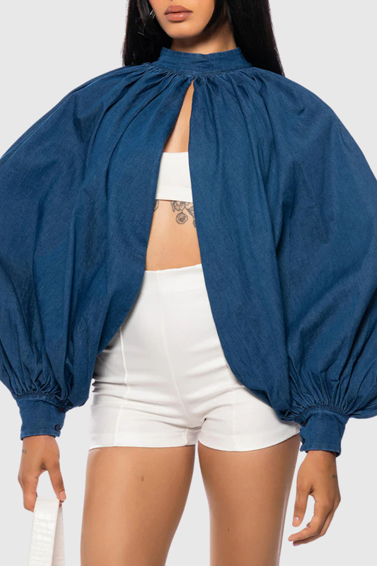 Zndigo Ruched Slit Denim Top - Navy