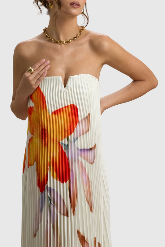 Zorana Floral Strapless Pleated Maxi Dress