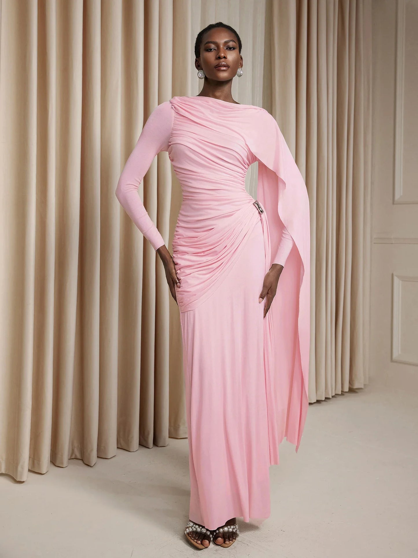 Asymmetric Ruched Cape Maxi Dress