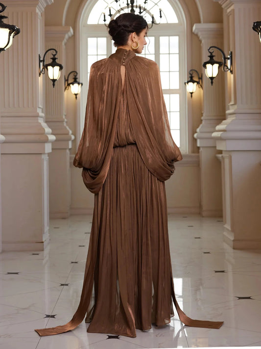 Batwing Wrap-Tie Pleated Maxi Dress