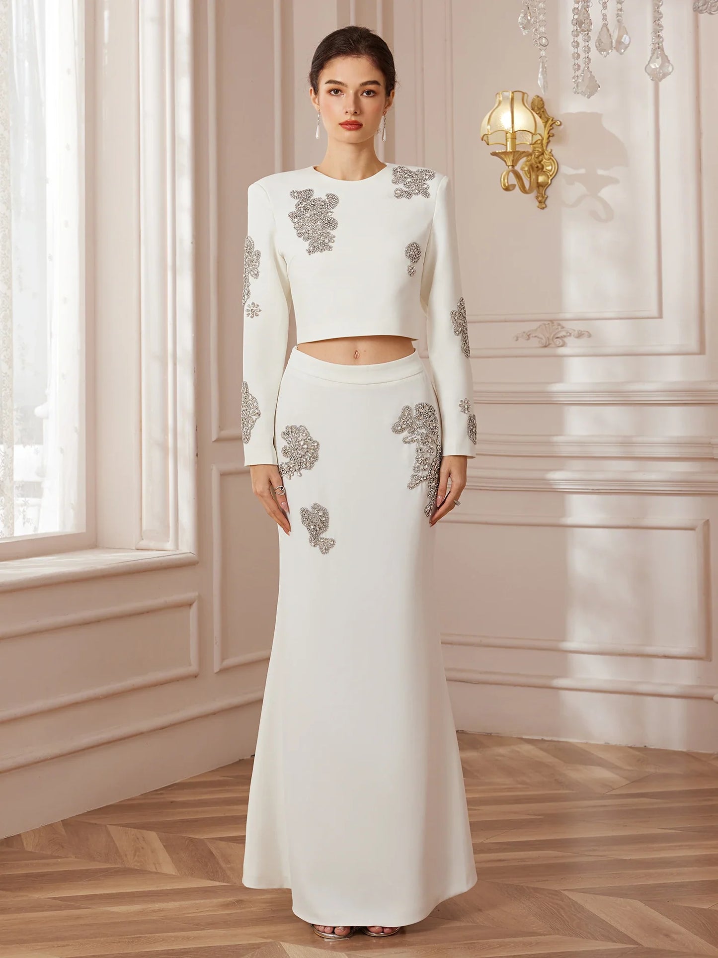 Beaded Pavé-Trim Crop Top and Skirt Set