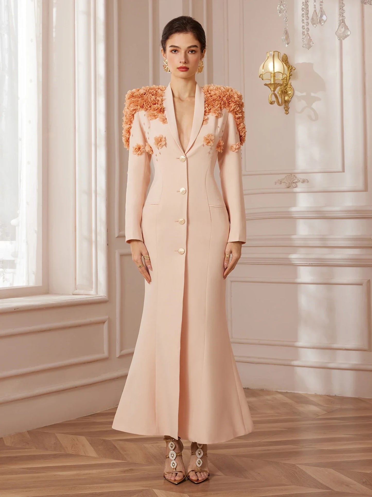 Shawl-Collar 3D Floral Evening Maxi Dress