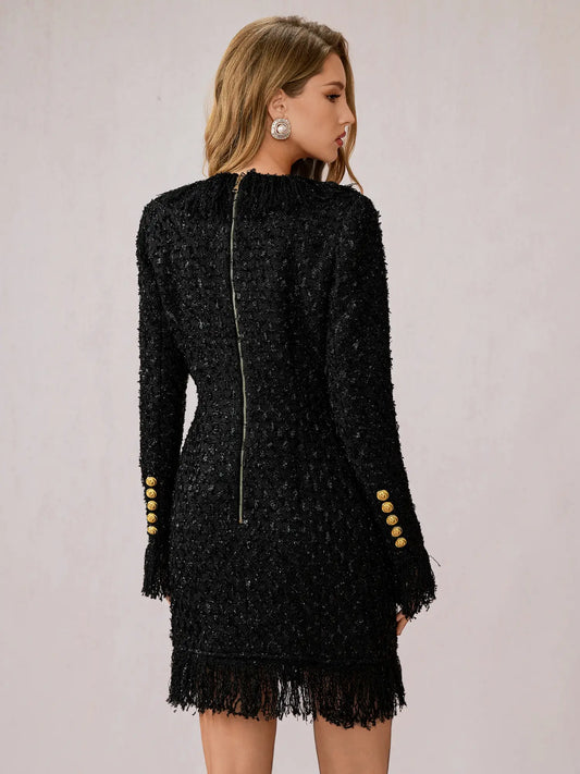 Black Fringe V-Neck Mini Dress