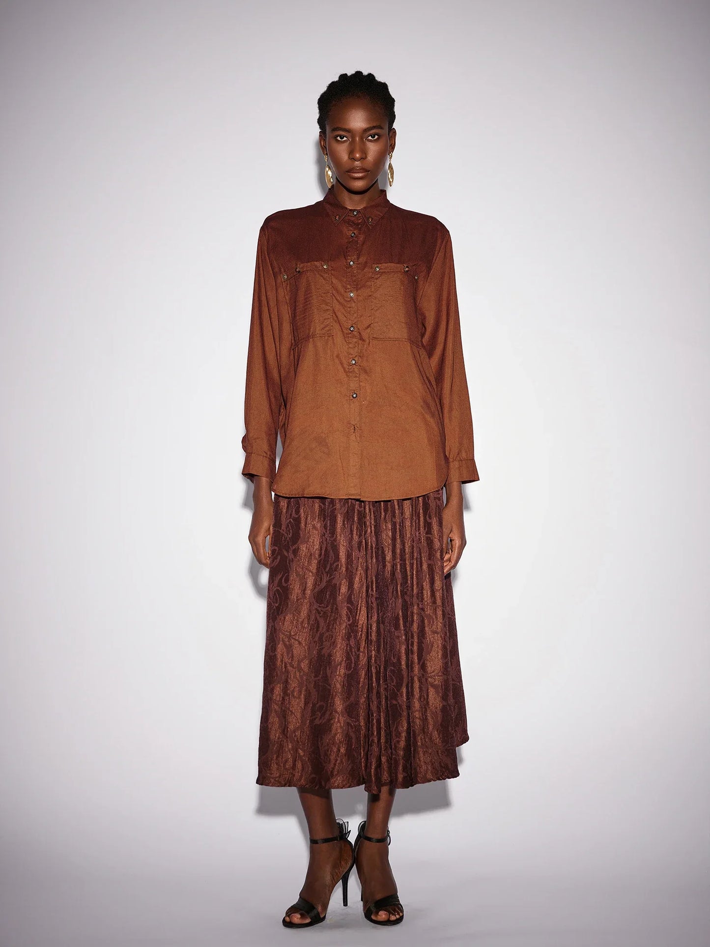 Brown High Neck Top and Shiny Midi Skirt Set