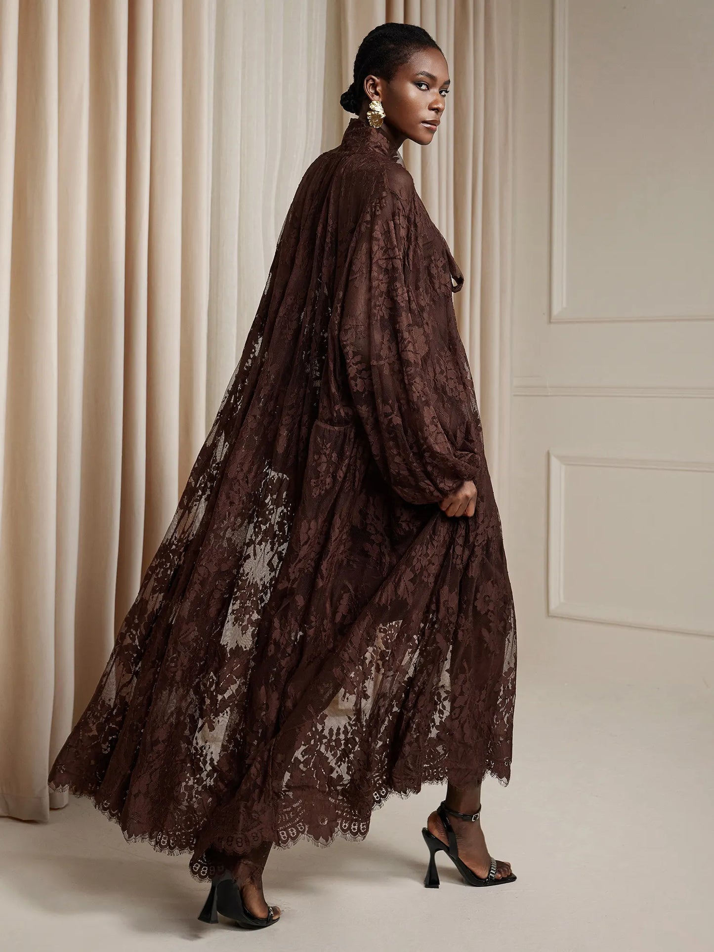 Brown Printed Sheer Maxi Dress