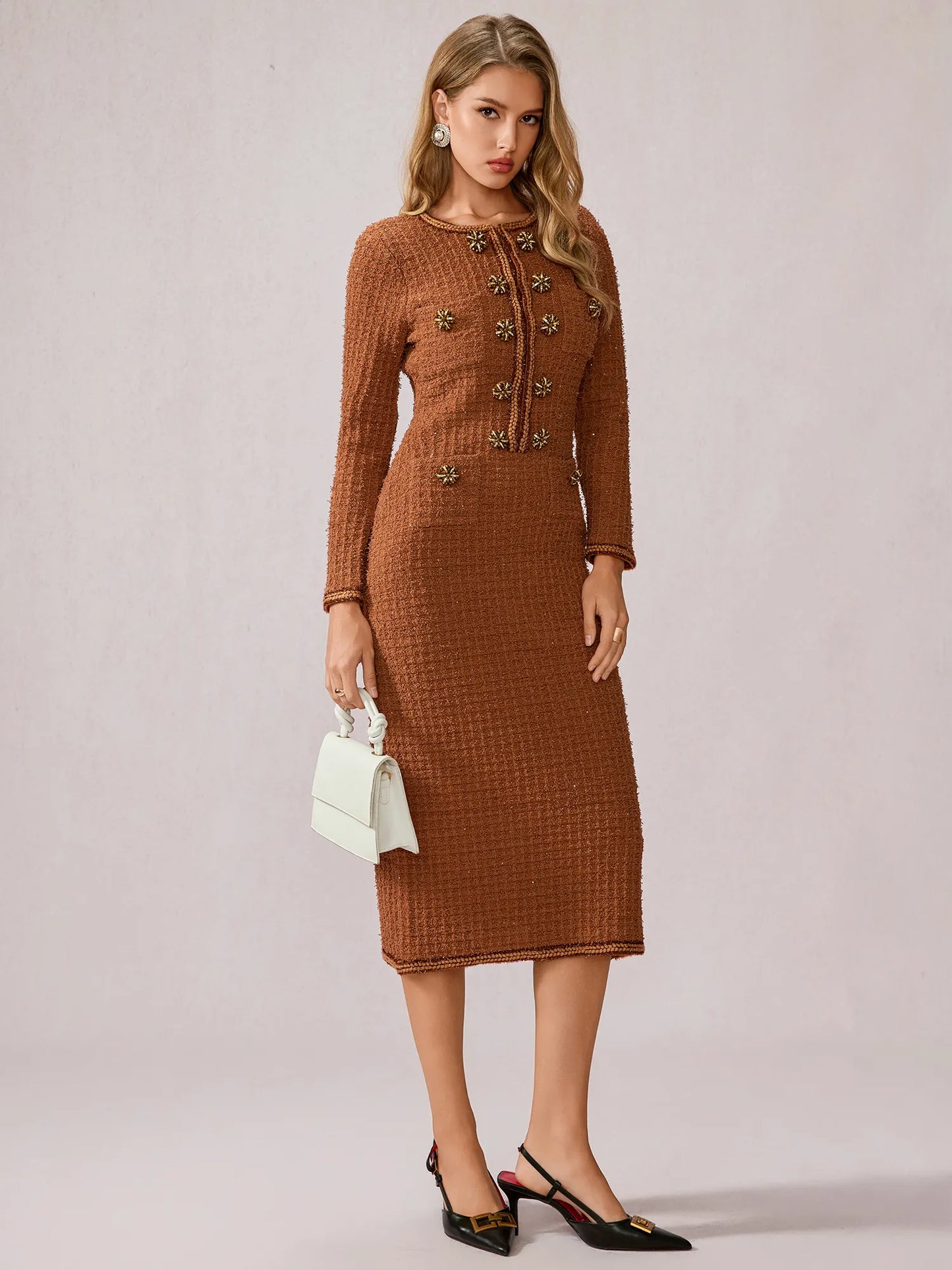 Cinnamon Round Neck Elegant Office Midi Dress
