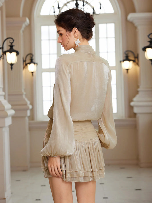 Detachable Bow Popover Blouse and Shirred Caffeine Skirt Set