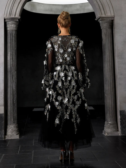 Dusky Floral-Overlaid Tulle Midi Dress